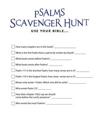 FREE Psalms Bible Scavenger Hunt! Print and play this fun Bible Scavenger Hunt with your Children's Ministry, Sunday School, Christian School, or Homeschool. Kids can see how quickly they can search for different clues found in the book of Psalms. This printable goes great with our Books of the Bible Children's Ministry Curriculum. Click the STOPWATCH to see more Bible Games For Kids!