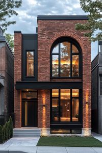 Modern brick house with large arched window. Brick facade houses stand out like a flashy bow tie at a black-tie event. See why they might just be the charming exteriors you didn’t know you needed.