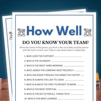 Printable How well do you know your team? WHAT YOU GET Printable Team Building Game in both 5 × 7" Size and 8.5 x 11" (2 per page) HOW IT WORKS: After purchase, you will receive a download link where you will access your PDF files in 8.5 × 11 and 5 x 7 inches (printed as 2 games on an 8.5 by 11 Inch paper or A4) inches size that you can print at home or at the printing shop. You will also receive an email from Etsy with your download(s) or feel free to log in to your account to access your downl