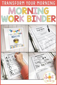 Looking for easy morning work ideas? Transform your morning routine with the Morning Work Binder! Students use dry erase markers and sheet protectors with reusable worksheet pages to write and erase their morning work daily. Practice Kindergarten skills such as name writing, sight words, handwriting, numbers, counting, shapes, calendar, and more! Read more on the blog here! #kindergarten #morningwork