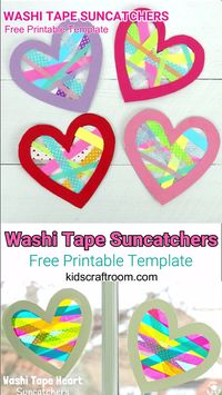 A gorgeous heart craft for kids. This Washi Tape Heart Suncatcher craft is simple to make, self adhesive and looks amazing. A great Mother's Day or Valentine's Day craft for kids. Free printable template. #kidscraftroom #mothersday #mothersdaycrafts #valentine #valentinesday #valentinescraft #valentinecraft #valentinescrafts #valentinecrafts #valentinesdayforkids #heart #love #heartcrafts #washitape #washitapecrafts #kidscrafts #kidscraftideas #craftsforkids #suncatchers #suncatchercrafts