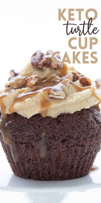 Keto Pecan Turtle Cupcakes! Delicious low carb chocolate cupcakes with a creamy sugar-free caramel frosting and toasted pecans. Fun to make and eat!