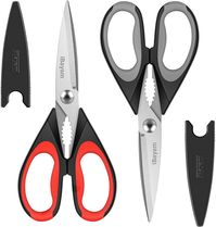 ALL PURPOSE KITCHEN SCISSORS: Heavy duty 8.5" super sharp kitchen shears, Valued 2-Pack in one set, soft comfort-Grip handles. Great All-purpose scissors for kitchen, household, home, car, outdoor general use, Great kitchen utensils set for women, men, adults, older kids. STAINLESS STEEL SHARP BLADES: high quality hardened stainless steel blades easily cut through cardboard, twine, meat, vegetables, chicken, poultry, fish, herbs, seafood, BBQ, food packing bags and more. Great as Food Scissors.