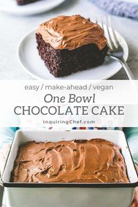 This quick and easy chocolate cake is made in only one bowl. No mixer needed. The result is an 8x8 cake that is rich, moist, and even better a day or two after baking.