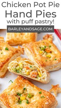 These mini chicken pot pies with puff pastry are a like my classic chicken pot pie but in hand pie form! They have a crispy, flaky puff pastry stuffed with a creamy filling of fresh vegetables and tender chicken! They're the perfect single serving savory appetizer.