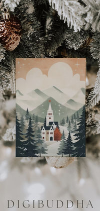 Delight your loved ones with our charming rustic church holiday cards, set in a serene winter valley. The muted neutral illustrations offer a peaceful holiday vibe. Personalize these cards with your own photos, a message, and your family name.