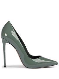 sage green leather patent finish pointed toe slip-on style branded leather insole high stiletto heel leather sole