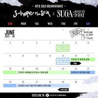 <J-Hope in the Box> & <Suga: Road to D-DAY> Abertura da reserva na primeira semana e zona fotográfica para comemorar a abertura 🎟️Reservas da Semana 1: Programado para abrir sequencialmente a partir das 19:00 de hoje ✔️Certifique-se de verificar a data de abertura da reserva da semana 2 e a programação da zona de fotos! 📅2023.06.16. Abertura exclusiva no Lotte Cinema