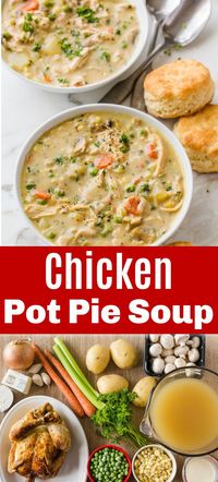 Chicken Pot Pie Soup is creamy, comforting, hearty, and loaded with tender chicken, potatoes, and veggies. It has all the comforts of classic Chicken Pot Pie without the effort of making a crust and it’s a one-pot meal. Homemade chicken pot pie soup is the ultimate comfort food. It’s so much better than any canned or store-bought version and it’s healthier. It really is a meal in itself. #chickenpotpie #chickenpotpiesoup #souprecipe #chickensoup #creamychickensoup #natashaskitc