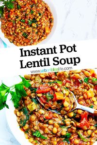 This Instant Pot Lentil Stew is packed with healthy ingredients and is the ultimate comfort food. And it's ready in just 30 minutes! Get the recipe at UrbanBlissLife.com.