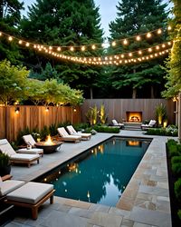 This charming backyard features a sleek rectangular pool surrounded by comfortable lounge chairs and a cozy fire pit. String lights overhead create a warm and inviting ambiance, perfect for evening gatherings. The well-manicured landscaping and modern fireplace complete the serene setting. #Matawan #NJHomes #CozyLiving #ProdigyRealEstate