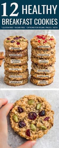 Healthy Breakfast Cookies – 12 Ways – easy to customize & make ahead. Perfect for back to school & busy on-the-go mornings. Best of all, these recipes are all gluten free, refined sugar free with nut free, paleo / low carb / keto options. Almond Joy (Chocolate & Coconut), Apple Cinnamon, Apricot Pistachio, Banana Nut, Blueberry Almond, Carrot Cake, Keto (Almond and Coconut), Key Lime, Strawberry, Peanut Butter with Chocolate Chips. Pumpkin & Tahini Maple (Nut Free) #cookies #glutenfree #keto