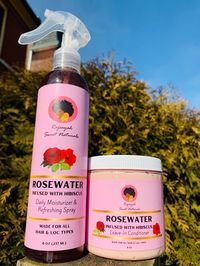 FREE DOMESTIC SHIPPING This bundle includes one 8 oz Rosewater infused with Hibiscus Refreshing Spray and one Rosewater Leave-In Conditioner Enjoy the nourishing and soothing effects of this amazing combo! INGREDIENTS:  Leave-In Conditioner: Distilled water, Olive oil, grapeseed oil, slippery elm bark, marshmallow root, rose petals extracts, hibiscus flowers extracts, rose essential and preservative.  Refreshing Spray: Distilled water, rose petals extracts, hibiscus flowers extracts, aloe vera,