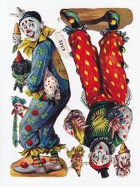 These fellows have many aspects of the Auguste clown. The word Auguste is believed to come from a German slang word for idiot or buffoon. The Auguste face makeup color is a variation of pink, red, or tan. Features are exaggerated in size and are typically red and black in color. The mouth (the muzzle) and eyes are thickly outlined with white. Bold colors, large prints or patterns, and suspenders often characterize Auguste costumes.
