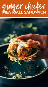 Ginger Chicken Meatball Sandos! Golden brown chicken meatballs cozied up next to fixings like cucumbers, shallots, kewpie mayo, mint, a bit of chili crisp, and some fresh cilantro to make the ultimate chicken sando! #meatball #sandwich #recipe