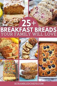 Here are over 25 of the best sweet breakfast bread recipes you will ever try! Tons of fruit, cinnamon, nuts, and more create great flavors! Banana bread, pumpkin bread, apple bread, pear bread, cranberry orange bread, and more! #BreakastBread #BreadRecipes #SweetBreads #BananaBread #AppleBread #CranberryOrange