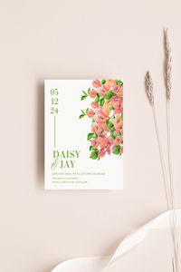 Pink and coral bougainvillea on Save The Date template editable and printable