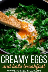 A luxury (non-diet!) version of kale and eggs, with creamy cheesy kale and soft golden egg yolks. An easy one pot breakfast or lunch - ready in under 10 minutes. My absolute favourite grown-up version of dippy eggs and soldiers. #eggsandkale #breakfasteggs #ketobreakfast