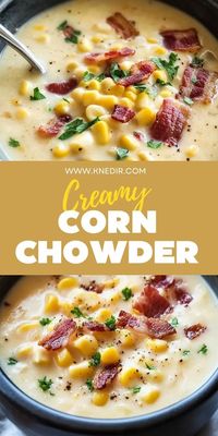 This Creamy Corn Chowder with Crispy Bacon is a hearty and comforting dish, perfect for chilly days! 🌽🥓 With sweet corn, tender potatoes, and a rich, creamy broth, this chowder is made even better with crispy bacon on top. It’s an easy-to-make soup that’s sure to warm you up. 📌 Pin this recipe to enjoy a cozy and satisfying creamy corn chowder with crispy bacon! #CornChowder #ComfortFood #EasySoupRecipes #HeartyMeals #CreamySoups #BaconLovers