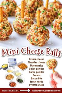 Mini cheese balls have the perfect ratio of cream cheese to crunchy outer layer of bacon, chopped nuts and herbs.