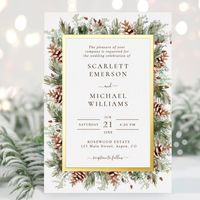 This real gold foil winter holiday wedding invitation features hand-painted watercolor greenery and pinecones arranged as a beautiful frame. The text is brown and the background is white. The back includes a stylish matching bouquet. Find matching items in the Pinecone and Greenery Christmas Holiday collection.