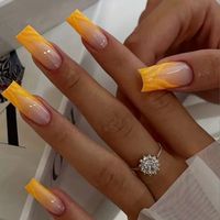 Color Tone: Yellow Nail Shape: Square Shape Nail Length: Long Nail Pattern: Stripe Nail Finishes: Glossy