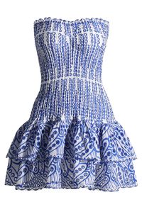 Broderie Anglaise Strapless Mini Dress is made of lightweight cotton. It features shirred strapless top, embroidered detailing that falls to a flared hem skirt. Wear it with wedges. Cotton;  Broderie;  Shirred;  Flared hem;  Imported;  Model is in a size S;