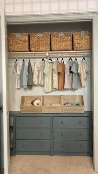 Transformed this boring closet using ikea chests!! Supplies: • 2x4's to build the base • 2 IKEA Rast chests • 3/4" plywood for the side shelves • 1 3/8" × 8' pine lattice molding to trim out the front • 11.75 × 97" laminate closet shelf (for the top) • Baseboard cut down for the bottom trim • Primer (we used KILZ) • Paint: Duke grey by Magnolia Home • wooden dowel closet rod • Baskets I've linked the supplies I bought in my LTK for those wanting to recreate the same look! #ikeahack