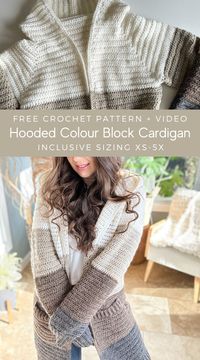 Crochet Colourblock Hooded Cardigan. Inclusive sizing XS-5X. Free Crochet Pattern and Step-by-step Video Tutorial.