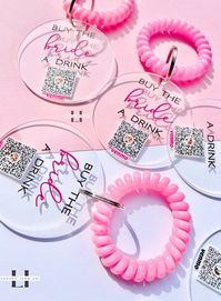 "Make your Bachelorette Party unforgettable with our premium Venmo the Bride QR code bracelets! These supert fun and stylish bracelets are not only made with the utmost quality but also serve as a unique accessory for your Bride Squad, Bridesmaids, and Maid of Honor. Featuring a convenient QR code, these bracelets allow anyone to easily treat you to a drink or a special wedding gift with just a simple scan! No more hassle of exchanging payment details or handling cash. Let your loved ones contri