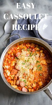 This easy cassoulet recipe is loaded with beans, veggies, Andouille sausage, and chicken!  The perfect one pot meal for those cold wintry nights!