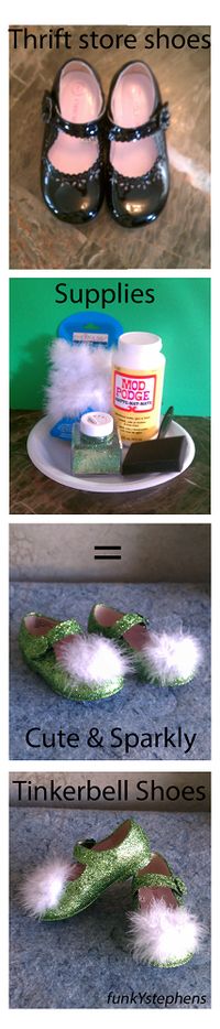 Easy DIY Tinkerbell shoes...could do this with any color glitter to go with any costume! Or to fix up old worn shoes