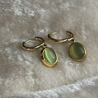 I Made These Earrings And Material Is Stainless Steel. They Have A Green Shining Stone. The Color Is Gold. Overall Size Is An Inch.