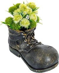 Vintage Boot Design Ceramic Garden Decorative Planter Flower Pot w/ Rubber Plug Description Add rustic whimsical charm to your garden, porch, yard, or patio with this vintage old boot flower pot. Featuring detailed stitching, laces, and treaded sole, this boot vase is made of durable ceramic material, despite it's rugged, worn look. Perfect for planting a variety of flowers, herbs, or greenery, this pot contains a small drainage hole with removable rubber plug, so you may display this sculptural boot both indoors or outdoors. For both practical use and decorative, this vintage boot planter pot will add conversation and greenery to your space.   Product Details Weathered boot-inspired garden planter pot with realistic detailing and metallic rustic finish for decorative and unique décor in y