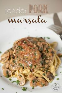 Tender Pork Marsala, made with garlic and herb marinated pork tenderloin and smothered in a creamy mushroom wine sauce, is the perfect dinner. Similar to chicken marsala, this recipe is ready in just 30 minutes. Pork marsala with mushrooms and shallots can be served over mashed potatoes or pasta. #pork #porkmarsala #Porkmarsalawithmushrooms #porkmarsalarecipe #easyporkmarsala #dinners