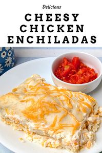 Filled with savory chicken, cheese, black beans and corn, these delicious Cheesy Chicken Enchiladas are a Mexican-inspired indulgence, especially when drizzled with an amazingly creamy and tangy homemade white sauce!