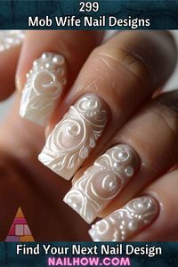 Reinvent your style with these translucent nails adorned with delicate pearls stripes and filigree with hints of sparkling adornments, perfect for a graceful yet modern look. Step up your nail design game at nailhow.com.