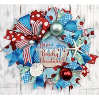 Greet your family and friends with this adorable coastal Christmas wreath featuring a lightweight UV-protected wreath sign that says “Have a Beachy Christmas”. decoration that says “Gone to the Beach, love Santa”! The wreath is made with high-quality red and white metallic weather-resistant deco mesh. It is decorated with a turquoise/ice blue and a red ball ornament, starfish, and a sand dollar. The ribbon is red and turquoise, complementing the theme and decor. A bow gives the wreath a perfect