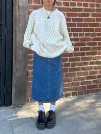 denim maxi skirt 8053 platform dr martens rory gilmore sweater fall outfit