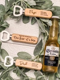 Make your gift count with our convenient wooden-handled bottle opener. Engraved with your special message, this meaningful gift will tell your story. These are laser engraved and will never peel or fade. A quirky small gift for the men in your life. This thoughtful bottle opener can be used for his favorite drink year round. In notes at checkout, please indicate title of person receiving the opener (Dad, Daddy, Papa, Papi, Abuelo, Grandpa, etc.)