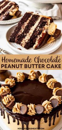 This triple-tiered Chocolate Peanut Butter Cake is made with deliciously moist chocolate cake layers, coated with a creamy peanut butter frosting, with a rich chocolate ganache on top, topped with extra swirls of peanut butter frosting, and decorated with mini Reese's Peanut Butter Cups! | chocolate peanut butter cake recipe | chocolate peanut butter desserts | chocolate peanut butter cake decoration | chocolate peanut butter cake easy | decadent chocolate peanut butter cake