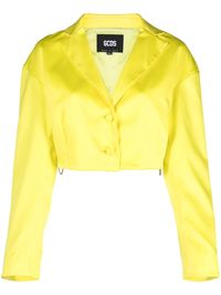 satin-finish cropped blazer from GCDS featuring canary yellow, satin finish, fabric-covered buttons, drop shoulder, notched lapels, front button fastening, long sleeves and straight hem.