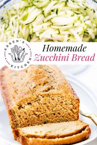 Our Easy Zucchini Bread is a moist and flavorful treat infused with warm spices like cinnamon and nutmeg. Perfect for breakfast, snack time, or dessert, this versatile bread is sure to become a family favorite. The irresistible flavors of our Easy Zucchini Bread recipe. So delicious and simple to make, you’ll find yourself baking it again and again. Go to errenskitchen.com for more easy, delicious recipes!