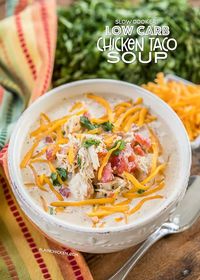 Slow Cooker LOW CARB Chicken Taco Soup - you'll never miss the carbs! This soup is GREAT!!! Chicken, diced tomatoes and green chiles, cream cheese, southwestern seasoning, ranch seasoning and chicken broth. SO easy and tastes AMAZING!!! Can add beans if you aren't watching your carbs. We love to freeze leftovers for a quick meal later. YUM! #slowcooker #chickensoup #lowcarb #tacosoup