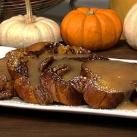 Carla's Pumpkin French Toast with Apple Cider Syrup and Spiced Pecans.