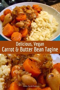 Tender carrots, meltingly soft butter beans, and fragrant herbs and spices make this warming vegan tagine into a delicious, comforting main dish for all the family.  #carrots #vegan #beans #tagine #couscous