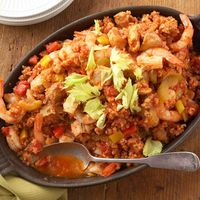 Chicken and Shrimp Jambalaya Try this slow-cooked take on the traditional Creole-style red jambalaya -- a slightly spicy, tomato-base stew of shrimp, chicken, and rice.