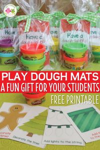 Download these free printable Christmas play dough mats make a great Christmas gift for students in your classroom, an inexpensive party favor, or a fun activity for a kids Christmas party. Easy to assemble...just print, laminate, and cut and add play dough.....a printable gift tag is even included. This is a great fine motor activity for kids in preschool, pre-k, and kindergarten.  Children will love this gift from their teacher and parents will love that it doesn't contain sugar.  #preschool v