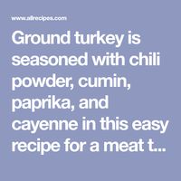 Ground turkey is seasoned with chili powder, cumin, paprika, and cayenne in this easy recipe for a meat topping for tacos or baked potatoes.