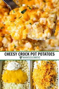 These Crock Pot Cheesy Potatoes are so addicting! A super easy side dish recipe that goes with any dinner! #crockpotrecipes #slowcookerrecipes #sidedishrecipes #potatocasserole #potatorecipe